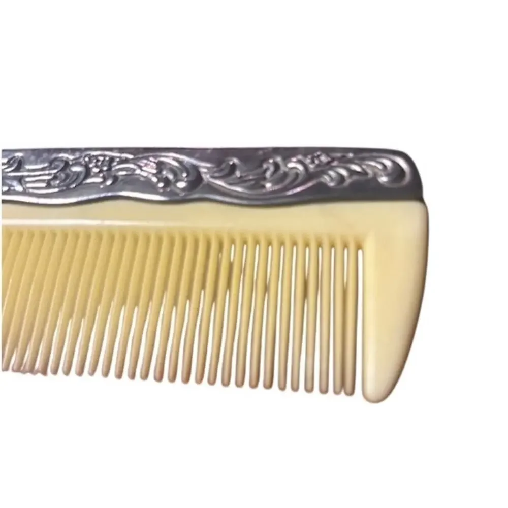 Vintage Ornate Hair Comb Faux Ivory Celluloid Look Silver Tone Floral 7 Inch